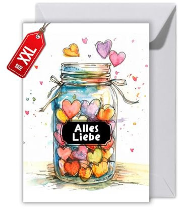 WBdesignz Geburtstagskarte mit Umschlag - Schöne Glückwunschkarte “Alles Liebe!” Geschenkkarte zum Geburtstag Herzliche Happy Birthday Karte Glas mit Herzen (XXL DIN A4)