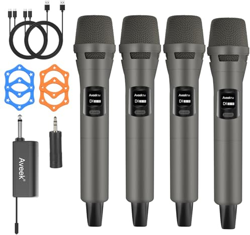 Aveek Set de 4 Micrófonos Inalámbricos Recargables con Receptor, Micrófonos Dinámicos Profesionales para Karaoke, Fiestas, DJ, Bodas e Iglesias, Alcance 30 m