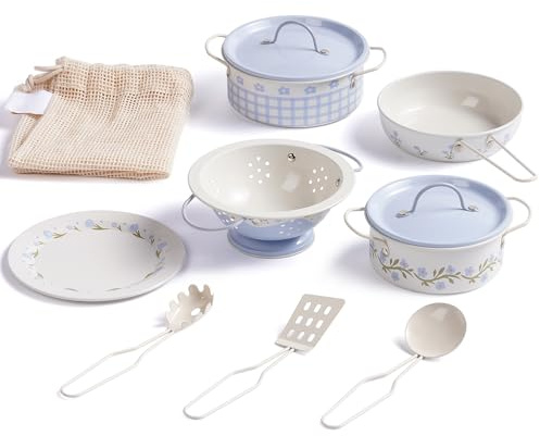 ROBOTIME Kids Metal Play Pots and Pans Toys, Tinplate Pretend Cooking Utensils, Kitchen Cookware Set, Play Kitchen Accessories with Net Bag, Cream French Style for Kids Toddlers 3+ (Blue)