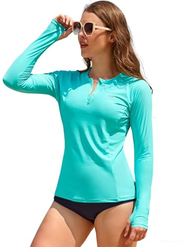 SHEKINI Maillot de bain à manches longues avec fermeture éclair pour femme Protection UV UPF 50+ Rashguard modeste, bleu sarcelle, L