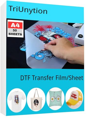TriUnytion Pellicola di Trasferimento DTF A4 (21 x 29,7 cm), Carta Transfer DTF Trasparente Pet Opaca Bifacciale per Magliette, Tessuti, Vestiti, Cappelli (50 Fogli)