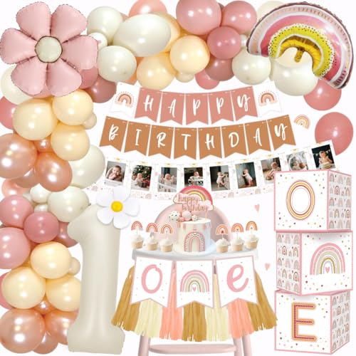 TOLOYE Decoracion Cumpleaños 1 Año Niñas, Rosa Retro Globos de Cumpleaños 1 Año con Cajas de Globos, Foto Banner, Globos de Aluminio Número, Decoración de Cumpleaños para Baby Niña