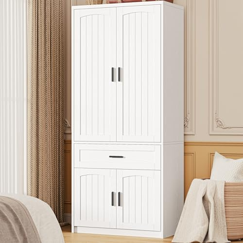 LIKIMIO 77 Tall Armoire Wardrobe Closet, Wooden Wardrobe with 4-Door and Drawer, White Clothes Storage Cabinet with Hanging Rod and Adjustable Shelves for Bedroom
