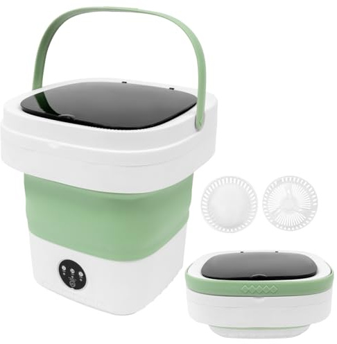 Bärbar minitvättmaskin vikbar 12 l, tvättmaskin med stor kapacitet och centrifugeringskorg, tyst, för underkläder strumpor, perfekt för camping resor lägenheter sovsal hotell husbilar (grön)