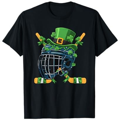 St Patricks Day Ice Hockey Helmet Saint Paddys Boys Men T-Shirt
