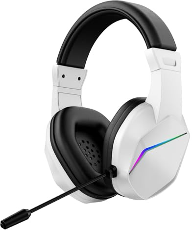 Fockety Wired Gaming Headset, USB A Stereo Headphone with Noise Cancelling Microphone for PC Laptop, RGB Lighting Over Ear Headset with In Line Control for Online Classes (White)