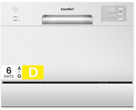 COMFEE' CDWMT0602EWD-EU Lavavajillas de Sobremesa Compacto con 6 Cubiertos, 6 Programas, Clase D, Pantalla LED, 24H Inicio Diferido, Ciclo Intensivo H-TEMP a 70 °C, 47 dB - Blanco