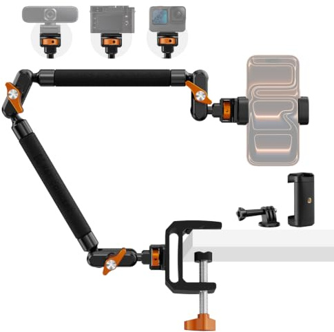 K&F CONCEPT 22 Magic Arm Desk Clamp, Overhead Camera Phone Webcam Mount | Desk Clamp Mount Aluminum Articulating Arm with Phone Holder & Action Cam Adapter for Streamer Remote Worker Content Creator