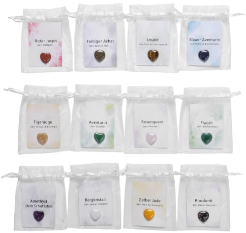 Herz Edelsteine Set, 12x Herzförmige Heilsteine & Glückssteine mit Bedeutung, Echte Natur Edelsteine Geschenkset für Erwachsene, Kristall Herzsteine mit Broschüre & Organzasäckchen