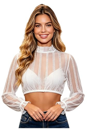 Generisk Dirndl-blus damer, elegant spets, puffärmar, dirndlblus, högstängd, kostymmode för Oktoberfest damer, blus, klassisk kostym, Vit, L