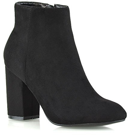 ESSEX GLAM Womens Ankle Boots Block Mid High Heel Ladies Casual Smart Party Shoes Booties Black Faux Suede
