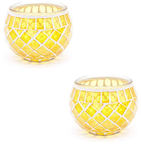 Mosaic Glass Candle Holder Vintage Jar Tea Light Holders Romantic Tea Light Candle Holder Home Decoration with Upto 8 Hour Burn Tea Light Candles (Golden Yellow Twin Pack)
