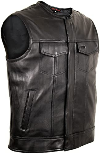 MDM Gilet de moto en cuir sans col en cuir véritable