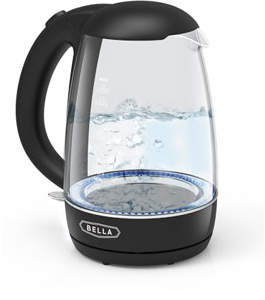 BELLA 1.7 Liter Glass Electric Kettle, Quickly Boil 7 Cups of Water in 6-7 Minutes, Soft Blue LED Lights Illuminate While Boiling, Cordless Portable Heater, Carefree Auto Shut-Off, Black