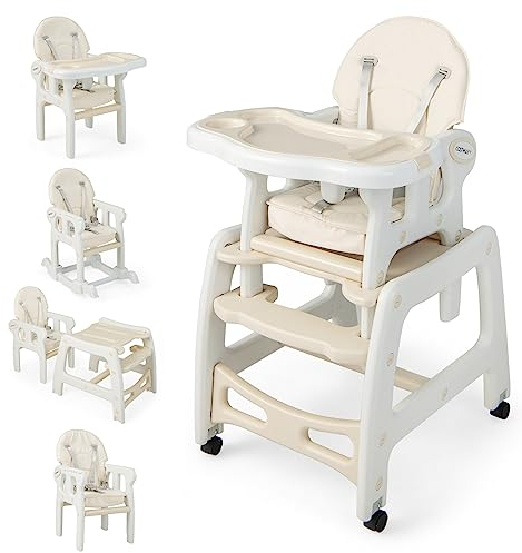 COSTWAY 5 en 1 Tronas de Bebe, Trona Portatil con 2 Bandeja Extraíble de 4 Posiciones, Cojín, Respaldo de 3 Niveles, Silla de Comer, Trona Evolutiva para 6-72 Meses