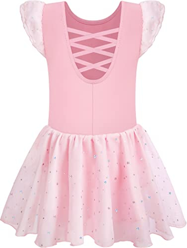 Mulnall Mädchen Tanz Trikots für Ballett Kleid Kinder Ballettkleidung Tanzbody mit Rock Tütü Glänzender Rock Rüschen Ärmel Crisscross Zurück(UK4043-08-M)