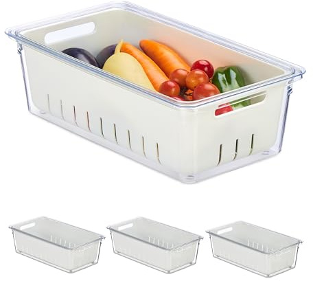 Relaxdays Kühlschrank Organizer, 4er Set, stapelbar, Abtropfkorb, Lebensmittel Organizer mit Deckel, transparent/weiß