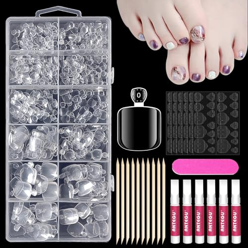 500 Stück Künstlich Zehennägel Kit,12 Verschiedene Größen Falsche Nägel,Vollständige Abdeckung Falsche Zehennägel Set mit Box,Falsche Fußnägel Kit für DIY,Transparente Farbe