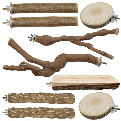 Allazone 9 Stück Naturholz Sitzstangen Set für Vögel, Papagei Schaukel Spielzeug, Vogelkäfig Zubehör