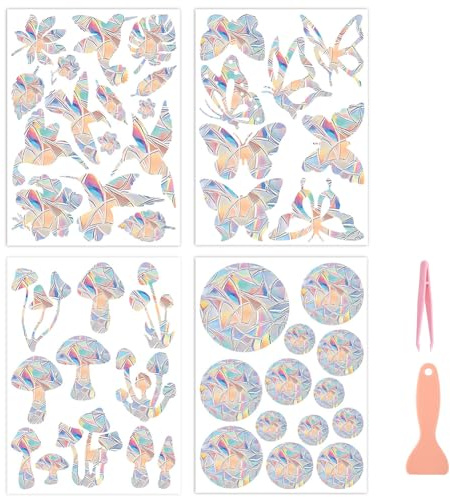 AMFUN 4 piezas Pegatinas de Ventana de Primavera, Pegatina de Prisma para Ventanas, protección para Aves con Pegatinaing Anti-colisión para Habitación y Oficina(Mezclado)