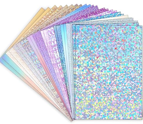 60 fogli di cartoncino olografico formato A4, 250 g/m², metallizzato, glitterato, iridescente, a specchio, carta spessa, per artigianato, creazione di biglietti, decorazioni per feste, album di