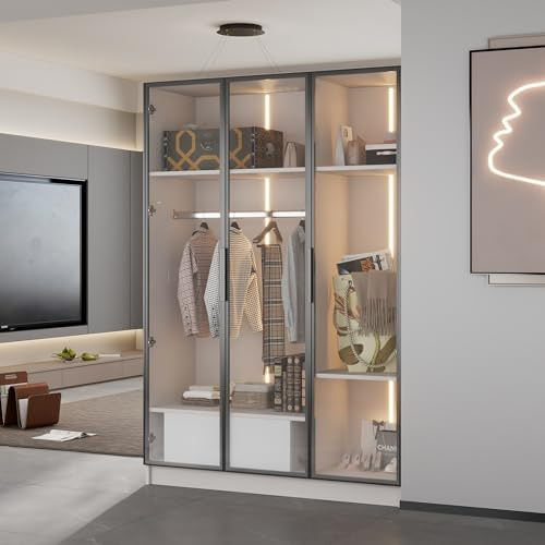 Kebnor Geräumiger weißer Kleiderschrank mit 3 Glastüren, 1 Schublade und 1 Kleiderstange - 110 * 50 * 160 cm - mit LED-Licht, (Typ7Weiß)