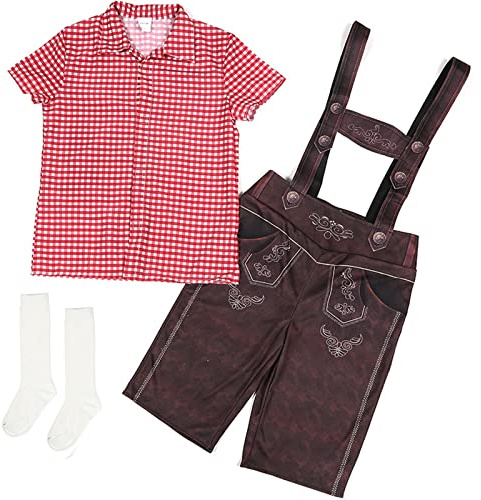 Costume Tradizionale Bambini Neonati Abbigliamento Oktoberfest Bavarese Camicia Maniche Corte Pantaloni Bretelle Gonna Calzini Set Vestiti Festival (Red, 10-12 Years)