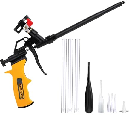 Bigrizy Guard Spray Foam Gun, Professional Expanding Foam Dispensing Gun with 9 Nozzle for Insulation, Filling, Sealing & Caulking, PTFE Non-Stick Coating PU Insulating Applicator Kit (Yellow, 1 Pack)