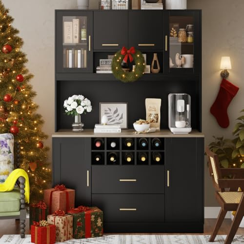 Zravenna Armario alto 120 x 36,3 x 180 cm, armario de cocina alto, armario buffet con seis puertas, dos cajones grandes y estante para vino, armario de almacenamiento para cocina, salón (negro)