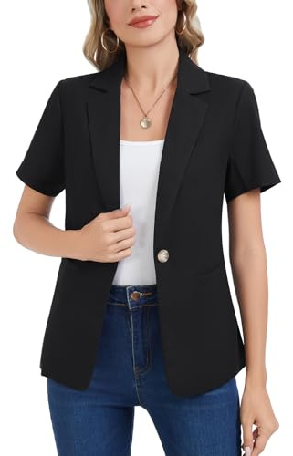 Kyzoeyou Blazer da donna, elegante, a maniche corte, giacche casual, lavoro, ufficio, abbigliamento da lavoro, Nero , L