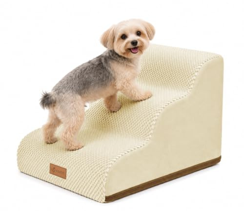 vounot® Escalier pour Chien et Chat à 3 Marches en Mousse Haute Densité Antidérapante Déhoussable Lavable Rampe pour Chien Accès Canapé Lit pour Animaux Âgés ou Blessés avec Poignée Beige