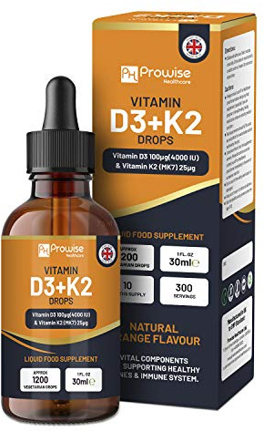 Vitamine D3 4000iu + K2 MK7 25µg I Gouttes liquides orange I Haute résistance 4000iu D3 + 25µg K2 - Flacon de 30 ml I 1200 gouttes végétariennes - Fabriqué au Royaume-Uni par Prowise Healthcare