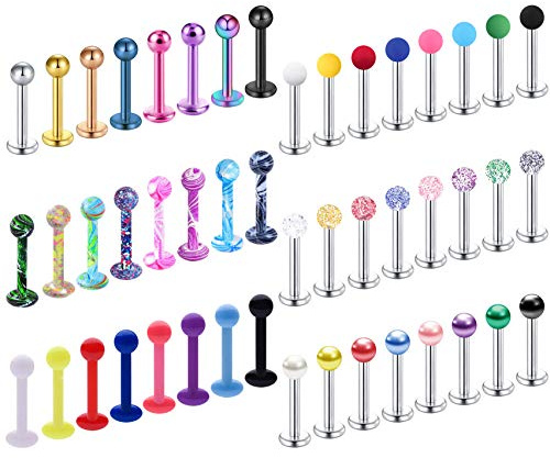 EVELICAL 48Pcs 16G Surgical Steel Lip Rings for Women Acrylic Labret Studs Monroe Conch Cartilage Tragus Helix Earrings Body Piercing Jewelry Style 1 8mm