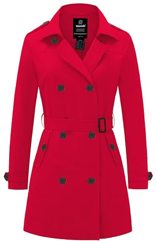Wantdo Femme Trench-Coat à Double Boutonnage Ceinture Coupe-Vent à Bouton Veste Coupe Ajustée Manteaux Epaulettes d'Epaule Rouge-2X 38