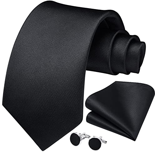HISDERN Black Necktie for Men Funeral Tie and Pocket Square Cufflinks Tie Set Formal Business Wedding