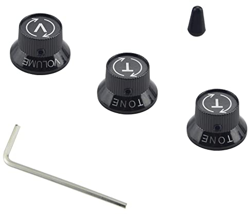 Wwomusic 3 x schwarze Metallknöpfe für E-Gitarre, Top-Speed-Regler für 6 mm Schaft, Lautstärke-Tonknöpfe, Gitarre mit Kippschalter, Spitzenkappe, Schalterknopf für Stratocaster Stratocaster Strat-Stil