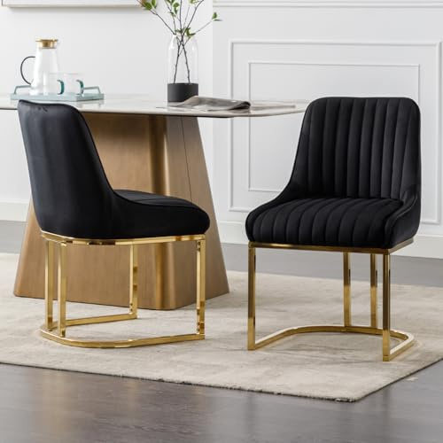 chairus 2PCS Chaises Salle à Manger, Chaise de Cuisine Moderne, Noir | Tissu de Velours, Pied Doré, Dossier Matelassé, Coussin Rembourré, Sans Accoudoir, pour Salon, Chambre, Bureau