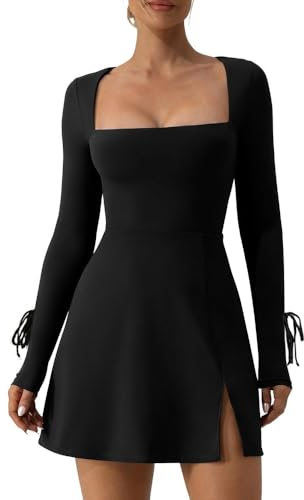 RPAEOY Damen Kleider Bodycon Mini Flare Langarm Eng Kurz Schlitz Kleid Stretch Sexy Dress De Bleistift Minikleid Kurzkleid Kleid für Club Party Abend Schwarz M