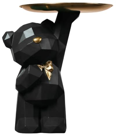 BLOOOK Statue Skulptur,Bär Figur Dekorative Tablett,Bären Skulpturen mit Dekotablett,Teddy Bär Deko Figuren Schlüsselschale,Dekoschale für Dessert Kosmetik Schmuck Kerzen (Schwarz (A))