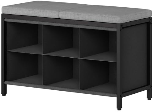 YATINEY Banc à Chaussures, Banc de Rangement avec siège en Lin rembourré et 6 Compartiments en Oxford, Étagère à Chaussure pour entrée, Couloir, Noir et Gris XHX01BK