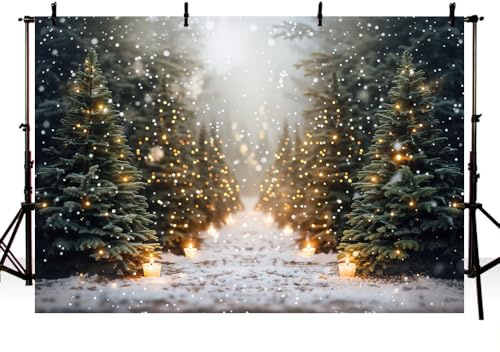 AIBIIN Toile de fond brillante pour photographie d'arbre de Noël avec flocons de neige et flocons de neige - Pour Noël, anniversaire, fête prénatale, portrait - Bannière - Accessoires photo - 2,1 x
