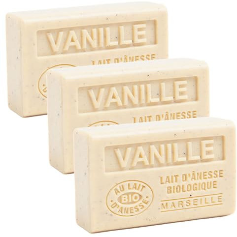Label Provence Savon de Marseille – französische Seife aus frischer Bio-Eselsmilch – Vanilleduft – 60 g Riegel – 3er-Set