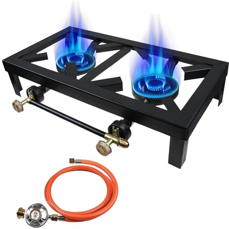 Hornillo de gas de 8 kW, hornillo de gas de 2 fuegos, incluye manguera de 1,2 m y regulador de presión de 50 mbar, hornillo de camping con 2 fuegos para camping al aire libre