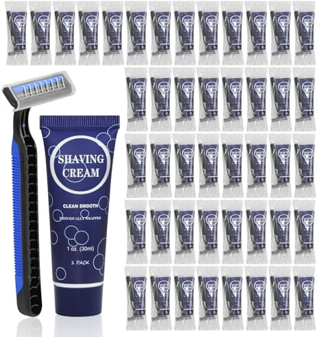 Disposable Shaving Razor Set, Individually Wrapped Manual Twin Blade Razors in Bulk Smooth Shaving Razors with Mini Shaving Cream Toiletries for Hotel Charity Camping Travel Homeless 30ml (60 Pack)