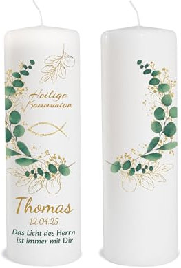 Candela Comunione personalizzata con nome come decorazione da tavolo Decorazione da tavolo Comunione Regalo Personalizzabile Amorevole Candela Eucalipto Pesce Ghirlanda Foglie Tempo di combustione: 55