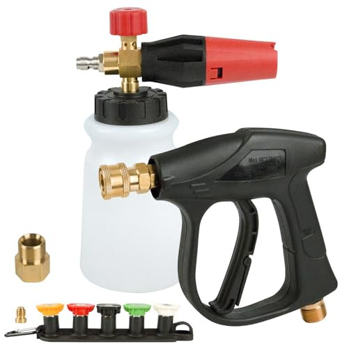 Hochdruckreiniger Pistole 3000PSI mit Schaumkanone, Hochdruckreinigungspistole mit 5 Düsenspitzen, 1/4 Schnellanschluss Adapter, Schnee Schaumkanone Flasche Seifenspender zum Autowäsche, Reinigung