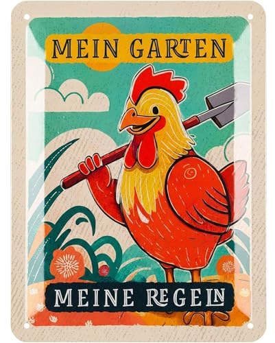 LANOLU Retro Blechschild MEIN GARTEN MEINE REGELN - Blechschilder Garten mit Sprüchen - nostalgische Dekoration als Gärtner Geschenke - retro Deko vintage Metallschild Garten 15x20cm