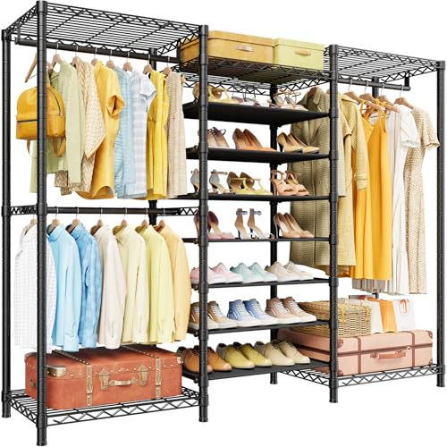ULIFHOME E16 Heavy Duty Clothing Rack（with 7-Tier Adjustable Shoe Rack） Freestanding Clothes Rack for Hanging Clothes，Metal Closet Storage Organizer Large Wardrobe，69'' W x 15.8'' D x 76.2'' H，Black