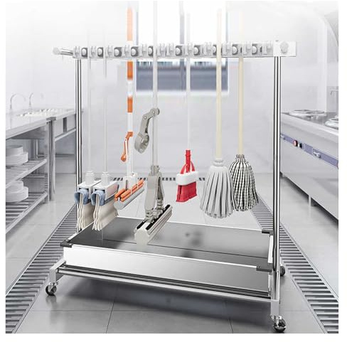 Removable Closet Storage Cabinet - Floor Standing Cleaning Supplies Tool Cart with Hooks for Long Handled Tools, Rakes, Brooms - Metal