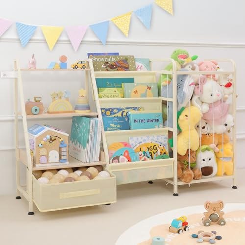 Fabuday Kids Bookshelf and Toy Storage Organizer - 4 Tiers Large Toddler Baby Sling Book Shelves for Kids Room with Stuffed Animal Storage, 3 Tier Montessori Childrens Bookcase for Nursery, Playroom